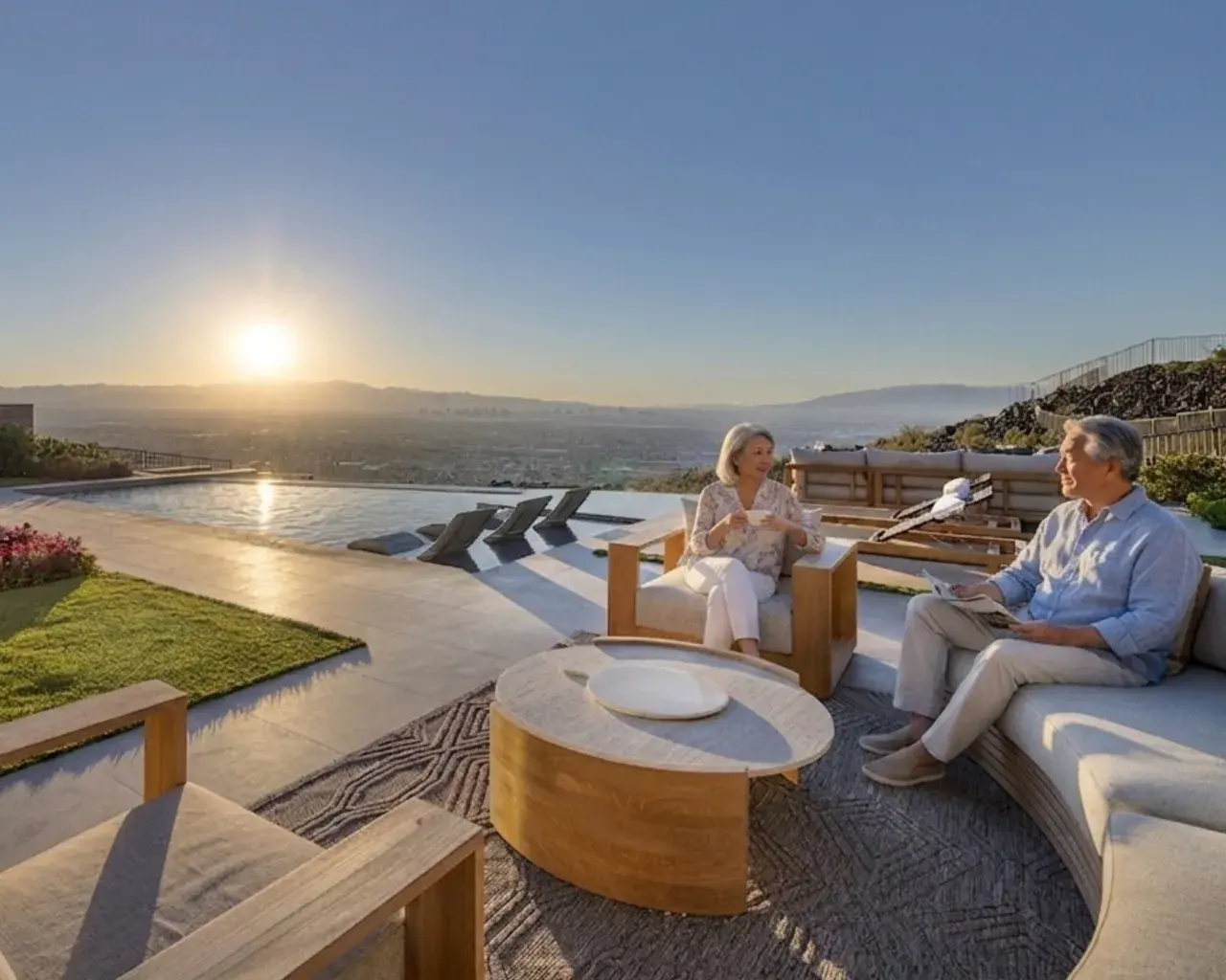 Retired couple sitting by the firepit overlooking the Las Vegas Strip