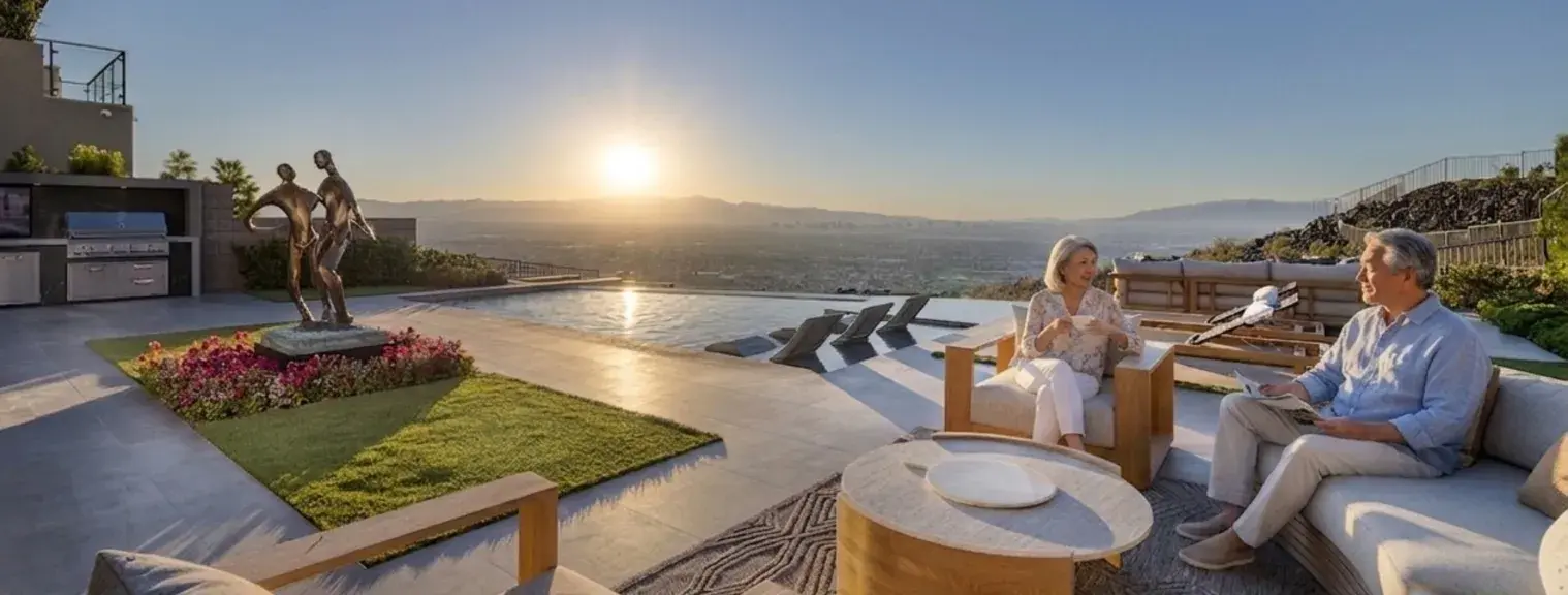 Retired couple sitting by the firepit overlooking the Las Vegas Strip