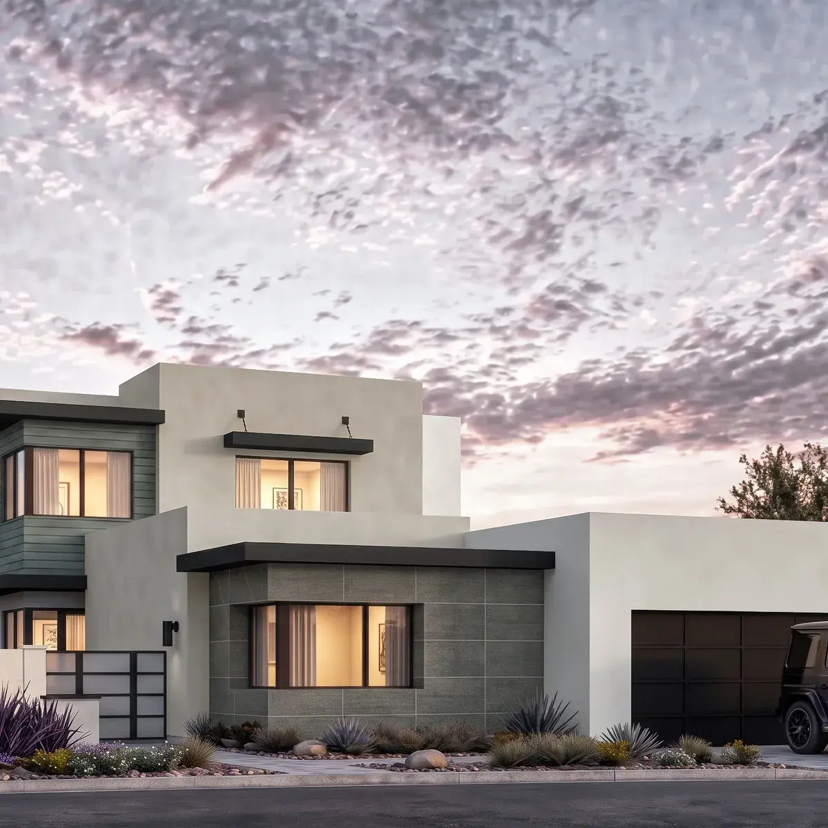 Rocky Ridge Homesite 13, Residence 8, exterior rendering at dusk