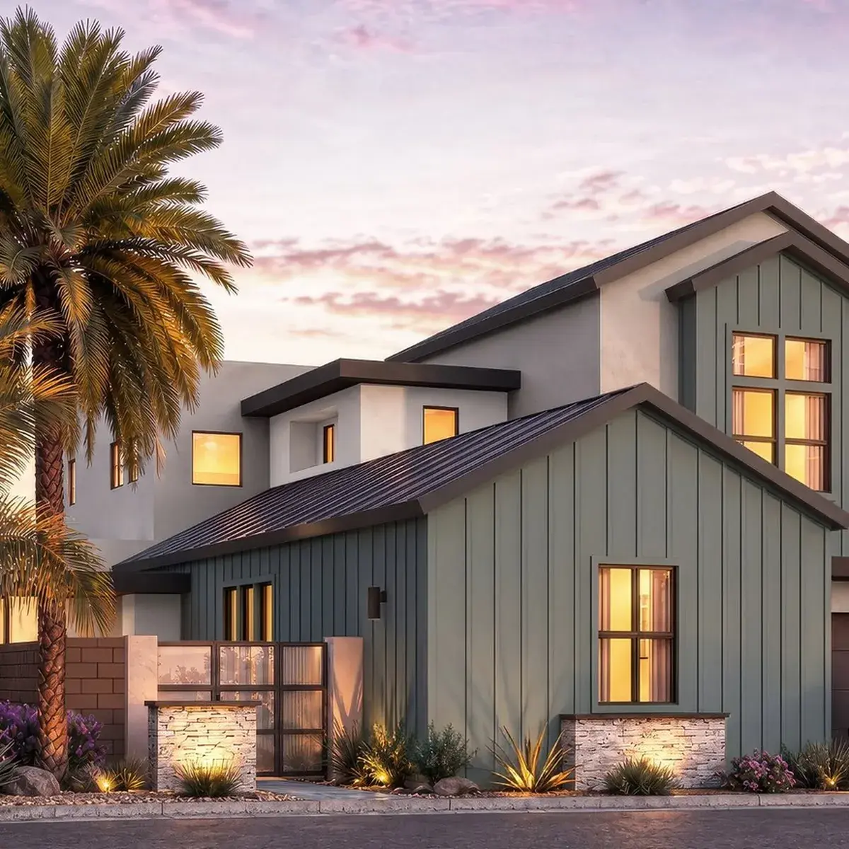 Rocky Ridge Homesite 15, Residence 7, exterior rendering at dusk