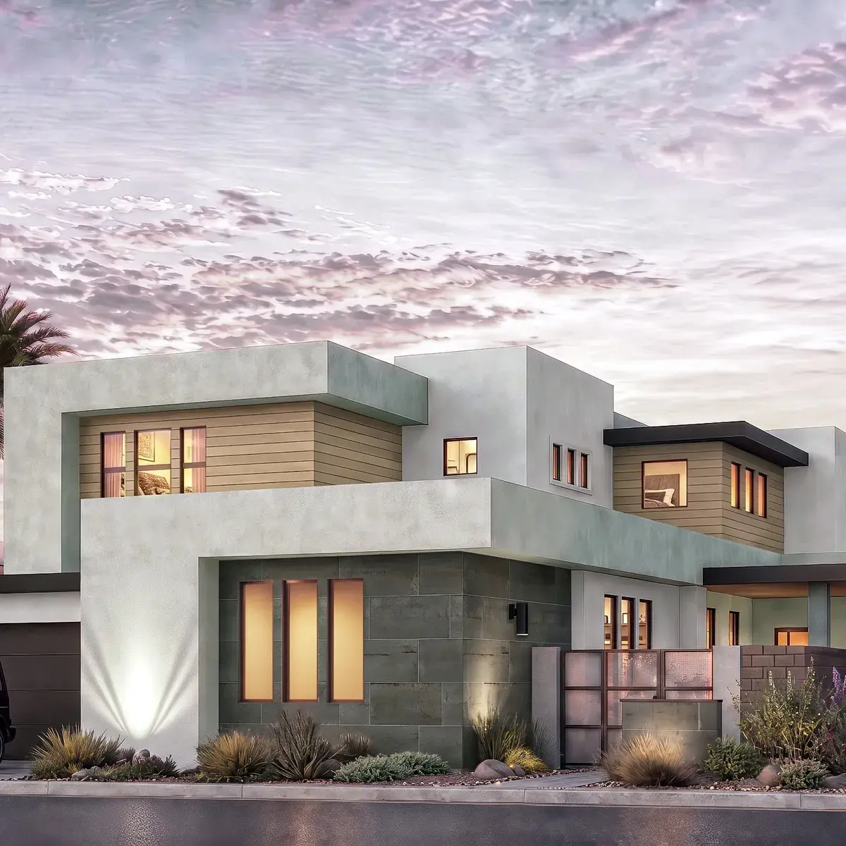 Rocky Ridge Homesite 16, Residence 7, exterior rendering at dusk