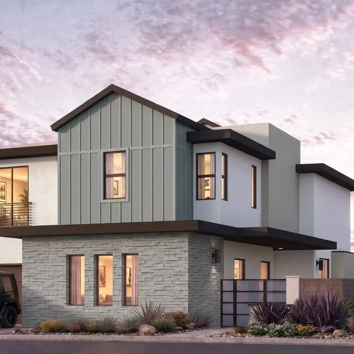 Rocky Ridge Homesite 26, Residence 6, exterior rendering at dusk