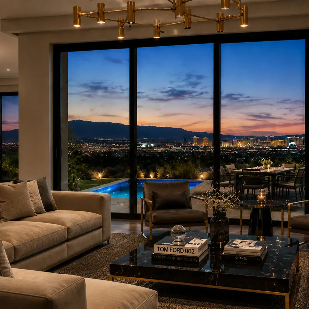 Great room opening to a pool deck with Las Vegas Strip views at dusk