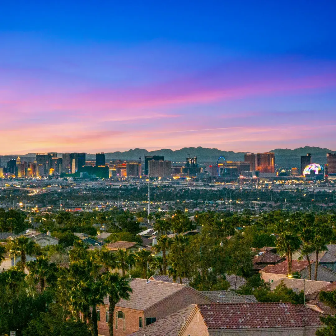 The Las Vegas Strip at dusk, seen from Green Valley