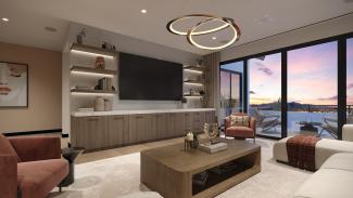Great room with a media wall, sculptural pendant light and sliding doors opening to a view deck