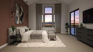 Vaulted primary bedroom with tall windows and a balcony door looking out to the city lights