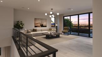 Residence 7 upstairs loft with a seating area and glass doors to a covered deck with valley views